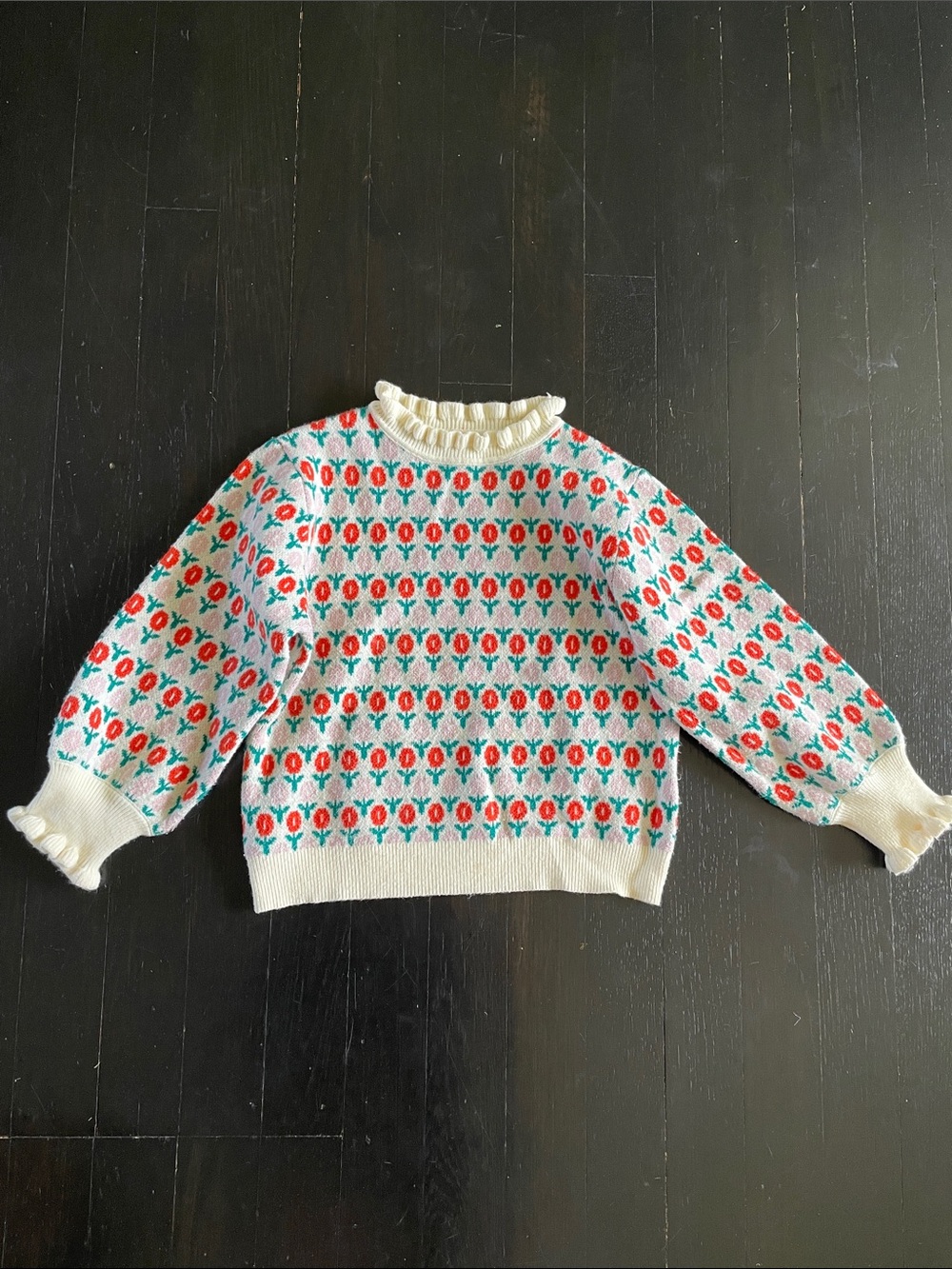 Cream Floral Print Girls Sweater With Ruffle Neck & Sleeves